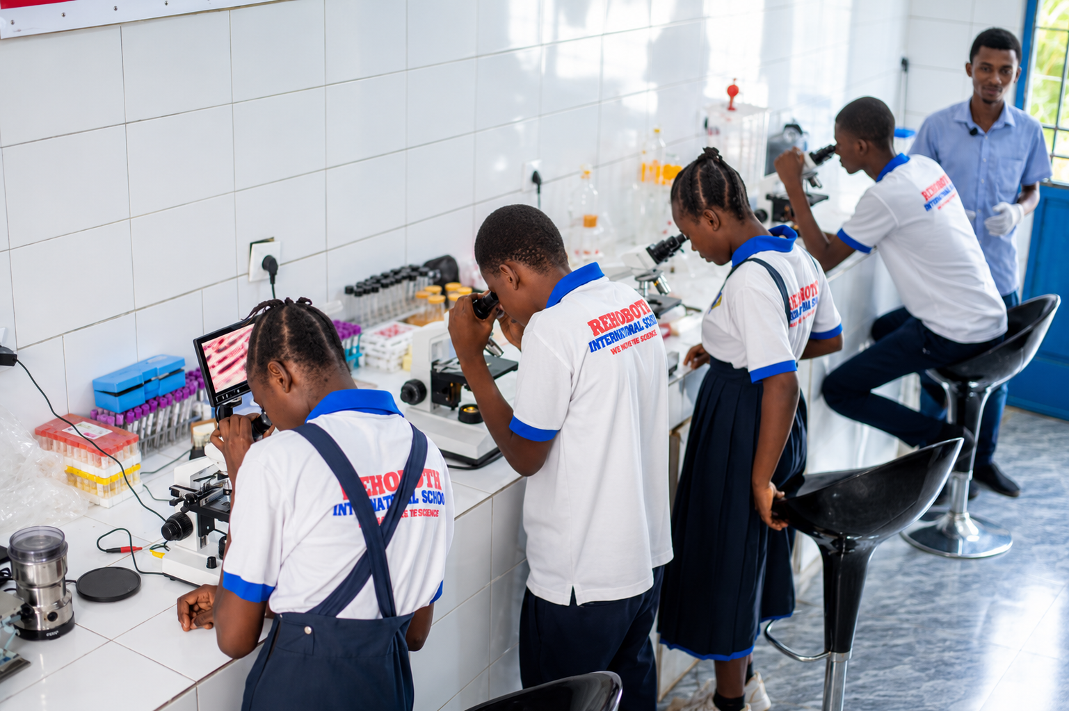 Élèves au laboratoire utilisant des microscopes
