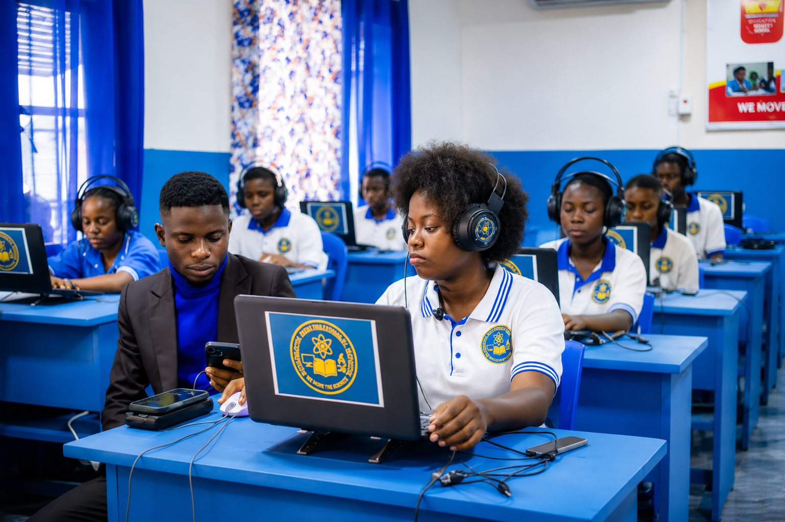 Élèves en salle informatique avec casques audio
