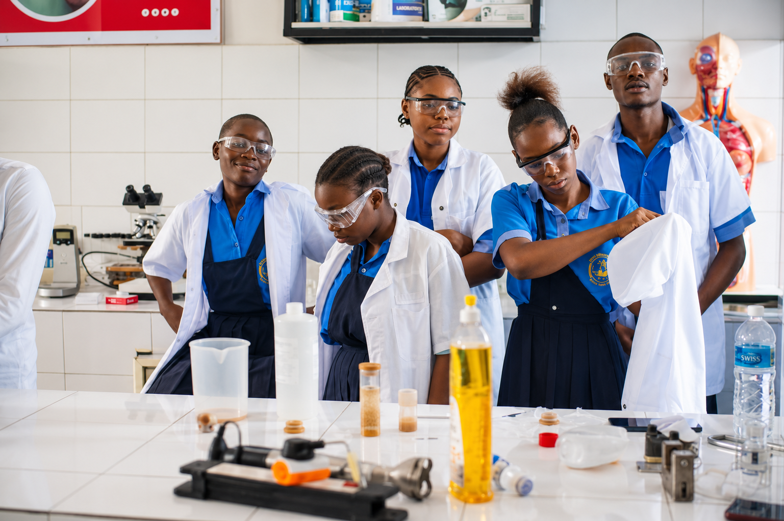 Élèves en blouse en laboratoire de chimie