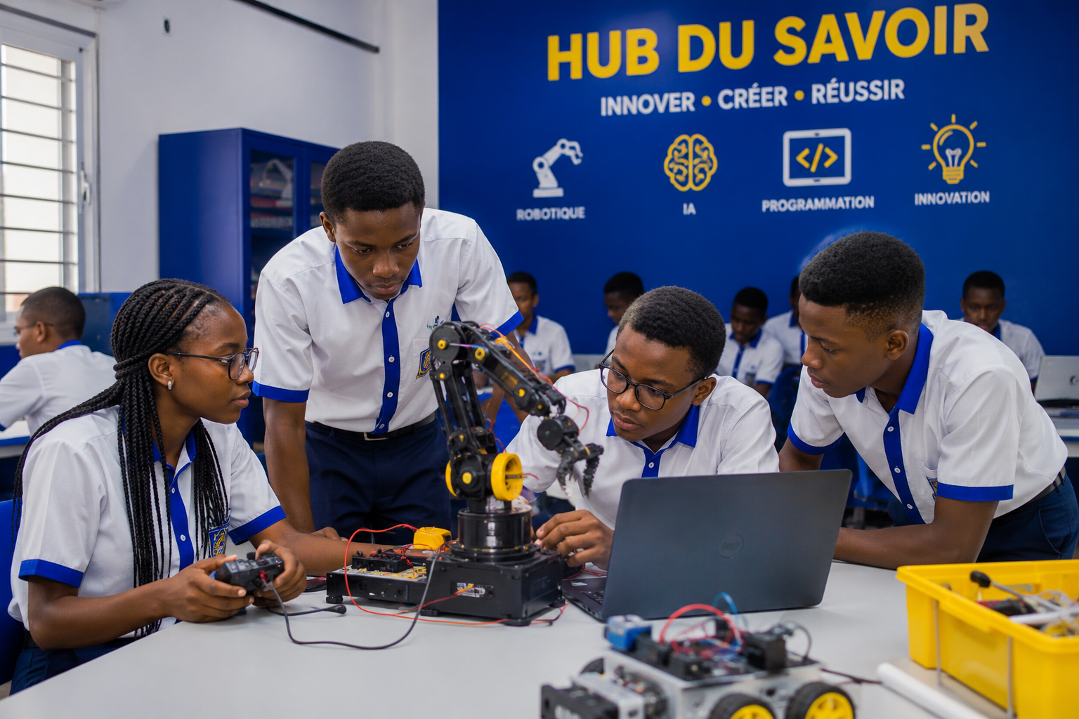 Élèves de Rehoboth au Hub du Savoir travaillant sur un bras robotique